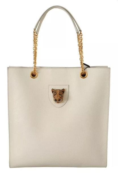 Dolce & Gabbana White Crystal Leopard Head Leather JUNGLE Tote Bag Dolce & Gabbana