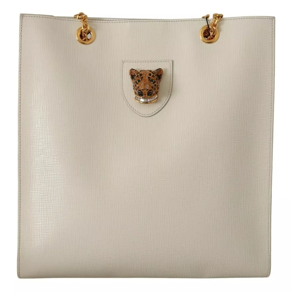 Dolce & Gabbana White Crystal Leopard Head Leather JUNGLE Tote Bag Dolce & Gabbana