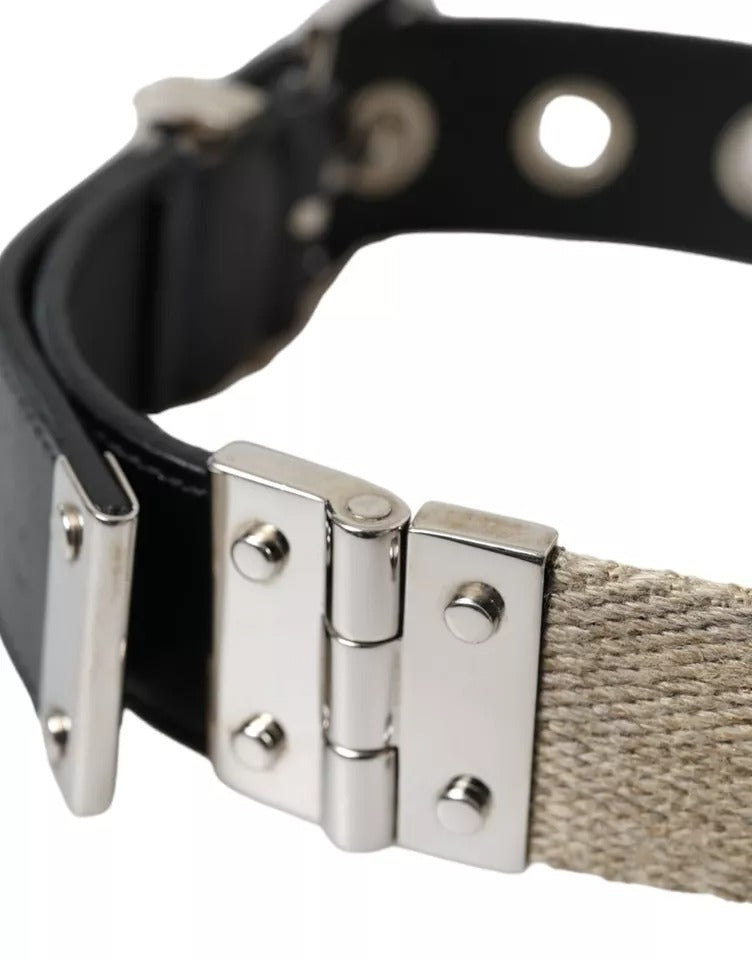 Dolce & Gabbana Black Leather Beige Strap Silver Metal Buckle Belt Dolce & Gabbana