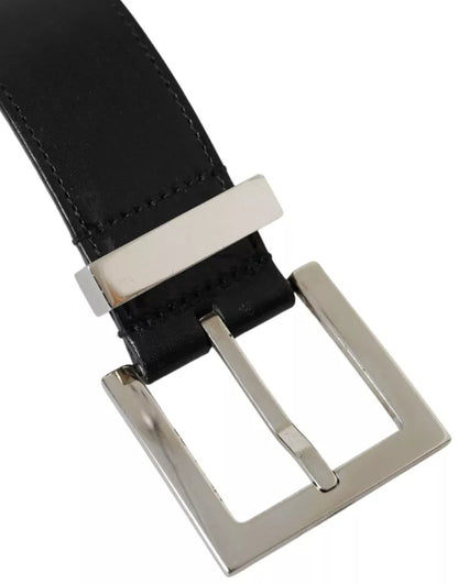 Dolce & Gabbana Black Leather Beige Strap Silver Metal Buckle Belt Dolce & Gabbana