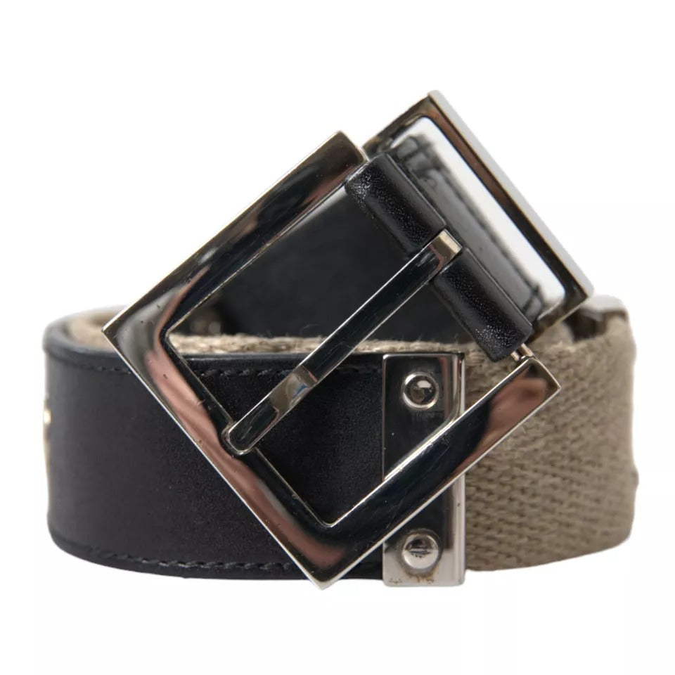 Dolce & Gabbana Black Leather Beige Strap Silver Metal Buckle Belt Dolce & Gabbana