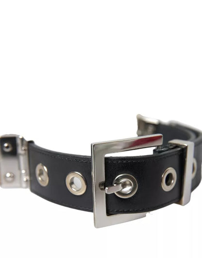 Dolce & Gabbana Black Leather Beige Strap Silver Metal Buckle Belt Dolce & Gabbana