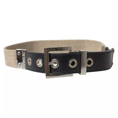 Dolce & Gabbana Black Leather Beige Strap Silver Metal Buckle Belt Dolce & Gabbana