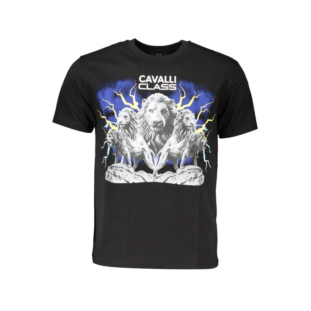 Cavalli Class Elegant Round Neck Black Tee with Classic Print Cavalli Class