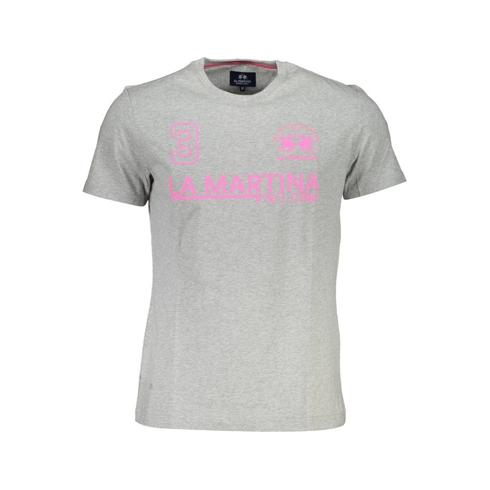 La Martina Elegant Gray Cotton Tee with Signature Print La Martina