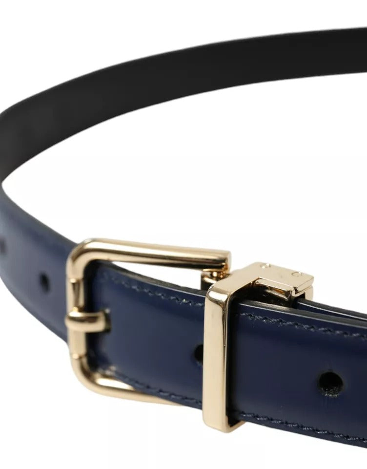 Dolce & Gabbana Blue Leather Gold Metal Buckle Men Belt Dolce & Gabbana