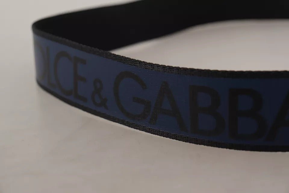 Dolce & Gabbana Blue Black Logo Print Silver Buckle Belt