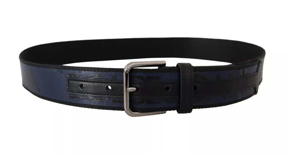 Dolce & Gabbana Blue Black Logo Print Silver Buckle Belt Dolce & Gabbana