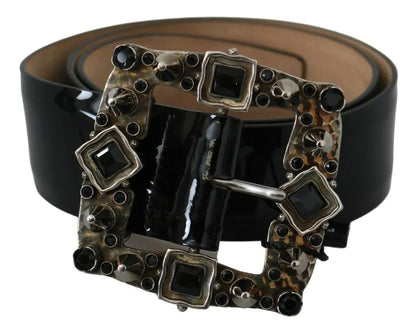 Dolce & Gabbana Black Shiny Leather Crystal Logo Buckle Belt Dolce & Gabbana