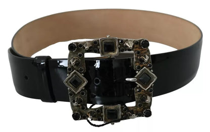 Dolce & Gabbana Black Shiny Leather Crystal Logo Buckle Belt Dolce & Gabbana