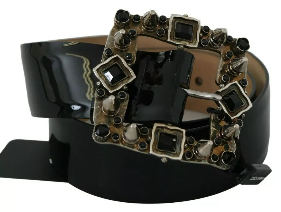 Dolce & Gabbana Black Shiny Leather Crystal Logo Buckle Belt Dolce & Gabbana