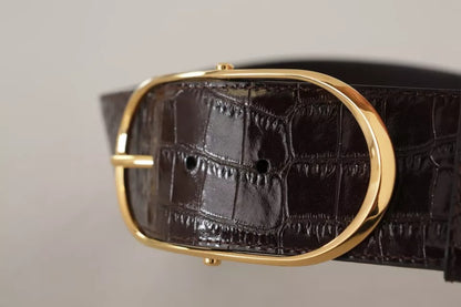 Dolce & Gabbana Brown Crocodile Pattern Leather Gold Oval Buckle Belt Dolce & Gabbana