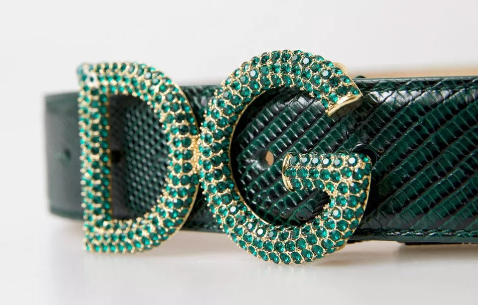 Dolce & Gabbana Green Iguana Leather DG Crystal Gold Buckle Belt Dolce & Gabbana