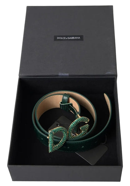 Dolce & Gabbana Green Iguana Leather DG Crystal Gold Buckle Belt Dolce & Gabbana