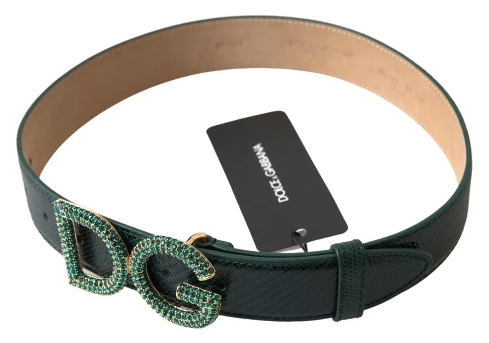 Dolce & Gabbana Green Iguana Leather DG Crystal Gold Buckle Belt Dolce & Gabbana