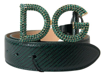 Dolce & Gabbana Green Iguana Leather DG Crystal Gold Buckle Belt Dolce & Gabbana