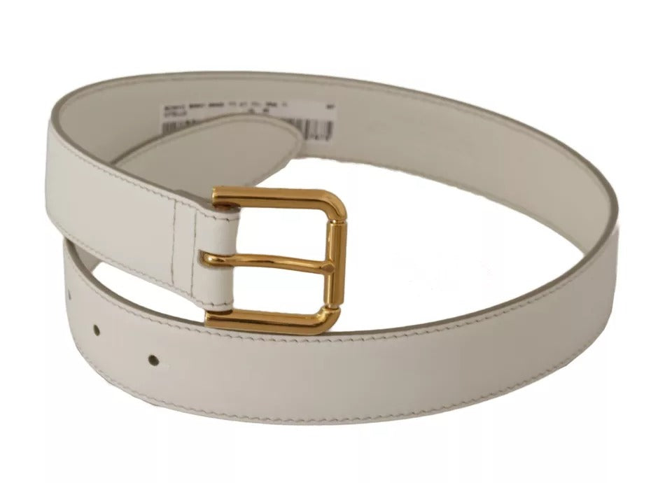 Dolce & Gabbana White Leather Gold Logo Engraved Metal Buckle Belt Dolce & Gabbana