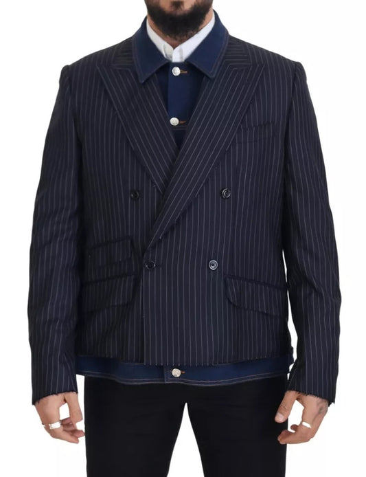 Dolce & Gabbana Blue Striped Double Breasted Denim Blazer Dolce & Gabbana