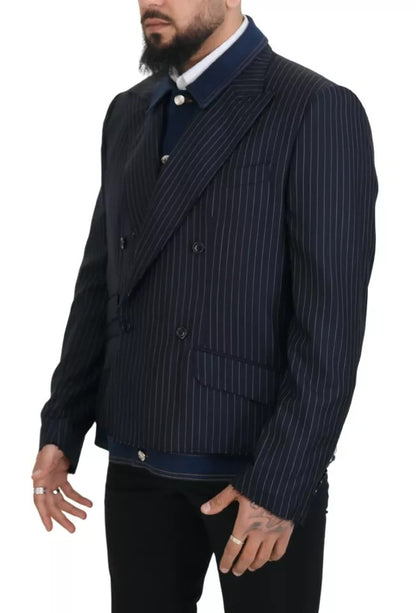 Dolce & Gabbana Blue Striped Double Breasted Denim Blazer Dolce & Gabbana