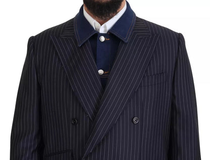 Dolce & Gabbana Blue Striped Double Breasted Denim Blazer Dolce & Gabbana