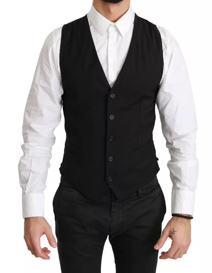 Dolce & Gabbana Black Solid STAFF Slim Fit Waistcoat Vest Dolce & Gabbana