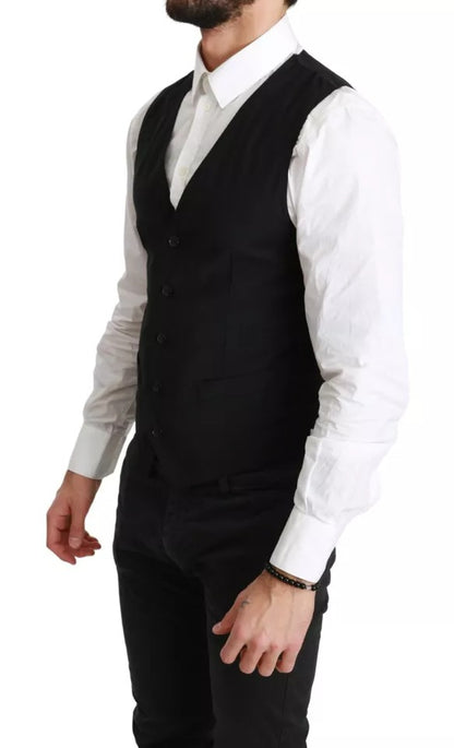 Dolce & Gabbana Black Solid STAFF Slim Fit Waistcoat Vest Dolce & Gabbana