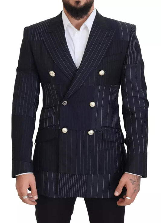 Dolce & Gabbana Blue Wool Patchwork Double Breasted Blazer Dolce & Gabbana