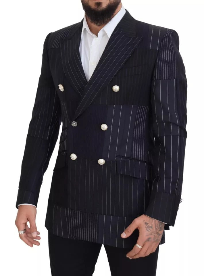 Dolce & Gabbana Blue Wool Patchwork Double Breasted Blazer Dolce & Gabbana