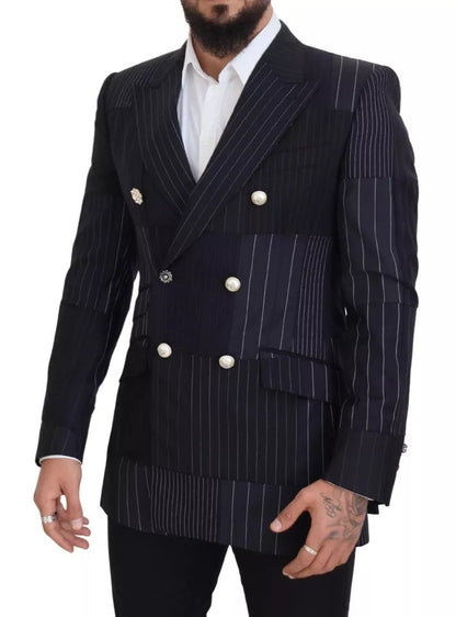 Dolce & Gabbana Blue Wool Patchwork Double Breasted Blazer Dolce & Gabbana