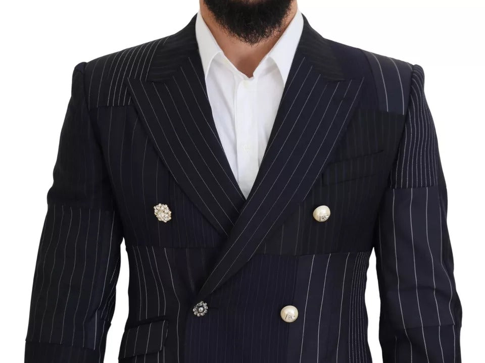 Dolce & Gabbana Blue Wool Patchwork Double Breasted Blazer Dolce & Gabbana