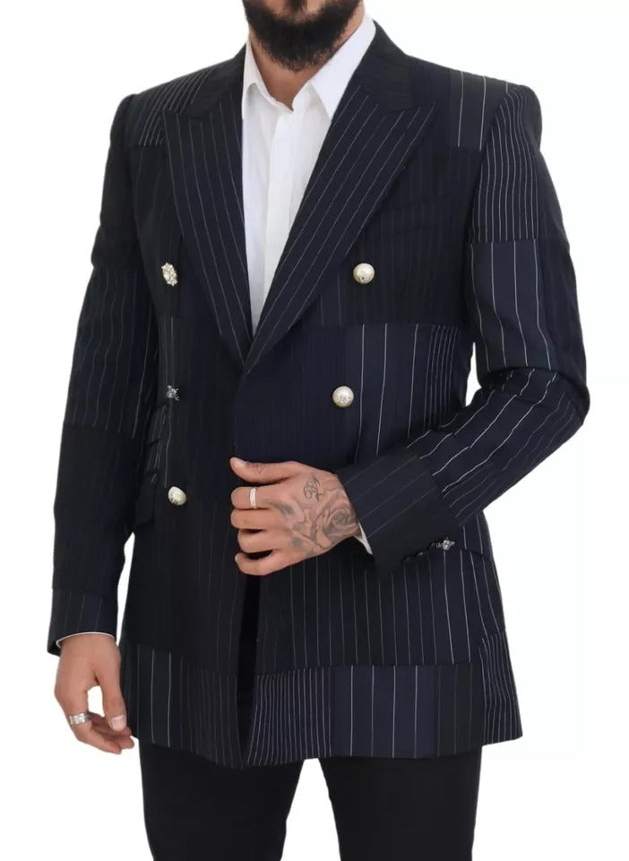 Dolce & Gabbana Blue Wool Patchwork Double Breasted Blazer Dolce & Gabbana