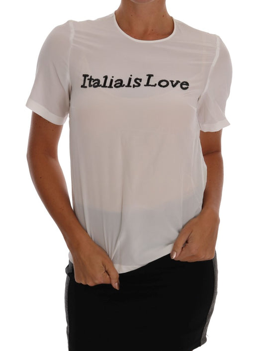 Dolce & Gabbana Silk Sequined 'Italia Is Love' White Blouse Dolce & Gabbana