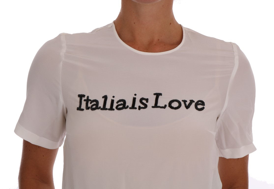 Dolce & Gabbana Silk Sequined 'Italia Is Love' White Blouse Dolce & Gabbana