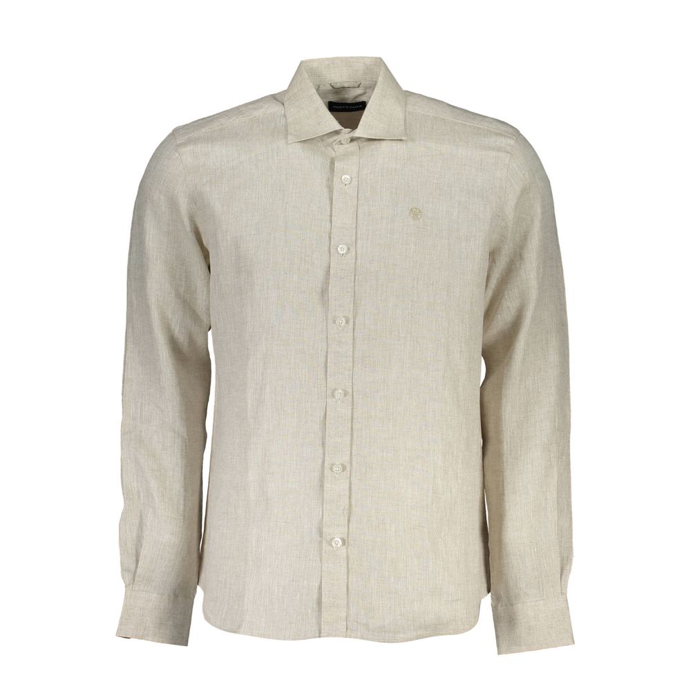 North Sails Beige Linen Italian Collar Shirt with Logo Embroidery North Sails