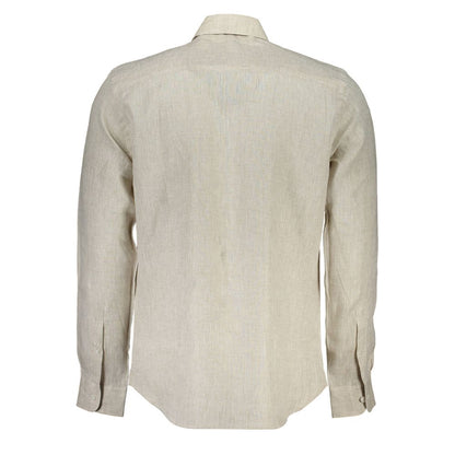 North Sails Beige Linen Italian Collar Shirt with Logo Embroidery North Sails