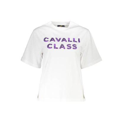 Cavalli Class Elegant White Cotton Tee with Designer Print Cavalli Class