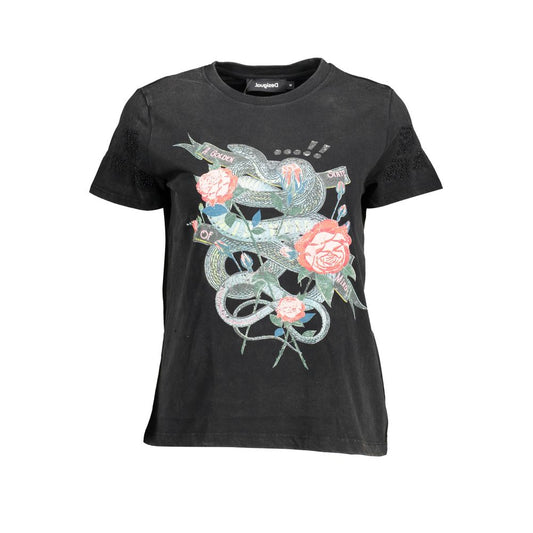 Desigual Chic Black Printed Tee with Unique Embellishments Desigual