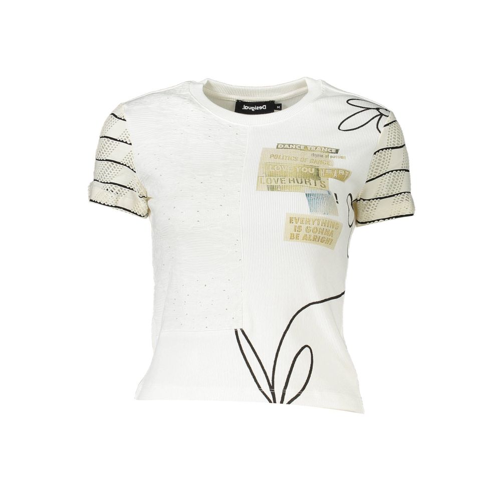 Desigual Chic White Printed Tee with Contrast Detail Desigual