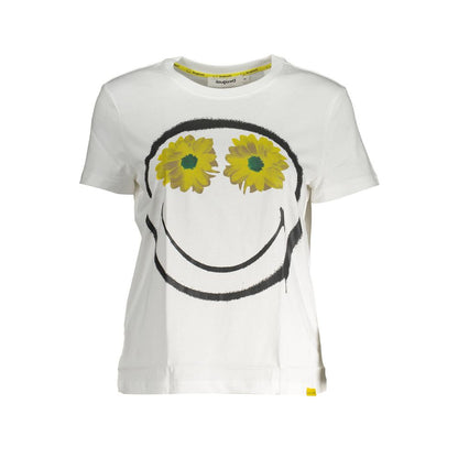 Desigual Chic White Printed Cotton Tee with Logo Desigual