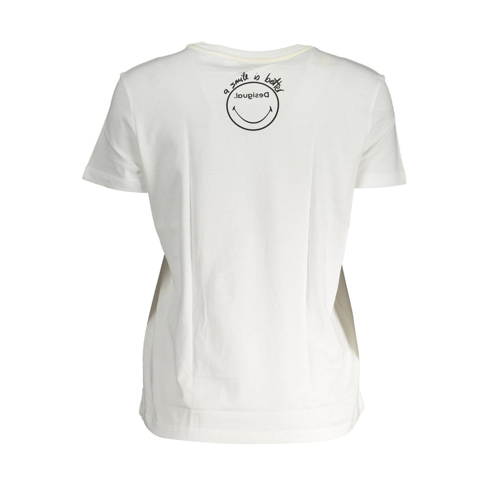 Desigual Chic White Printed Cotton Tee with Logo Desigual