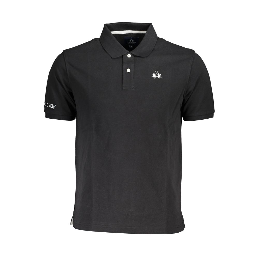 La Martina Sleek Black Cotton Polo Shirt with Embroidery La Martina