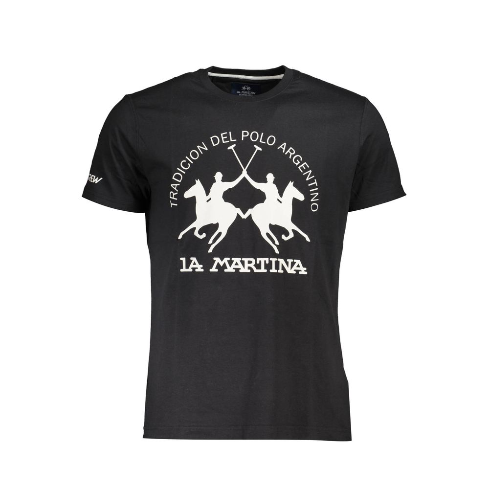 La Martina Elegant Black Cotton Tee with Iconic Print La Martina