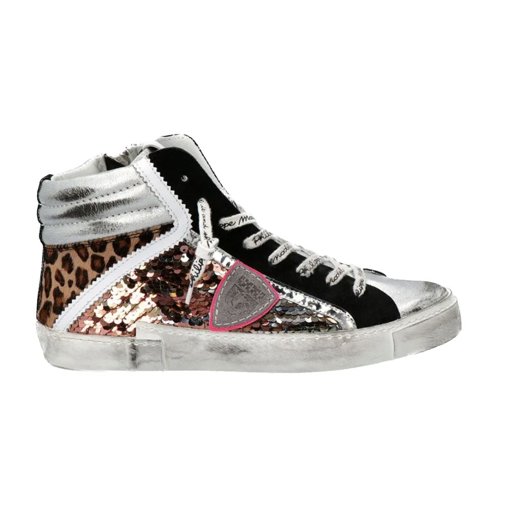 Philippe Model Elegant Gray Leather Sneakers with Sequin Details Philippe Model