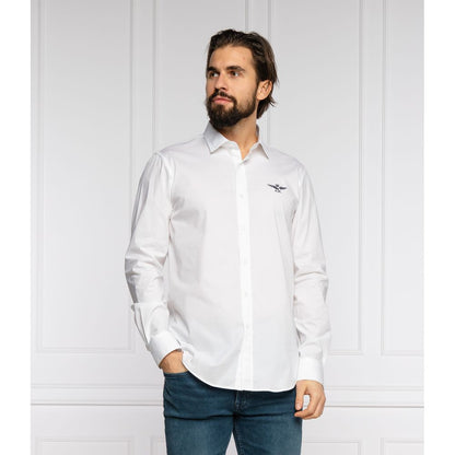 Aeronautica Militare Slim Fit White Cotton Shirt with Eagle Logo Aeronautica Militare