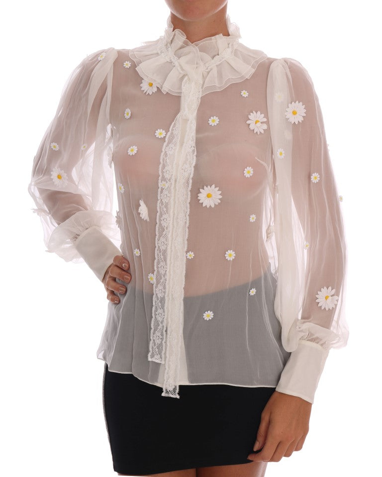 Dolce & Gabbana Elegant White Silk Daisy Blouse