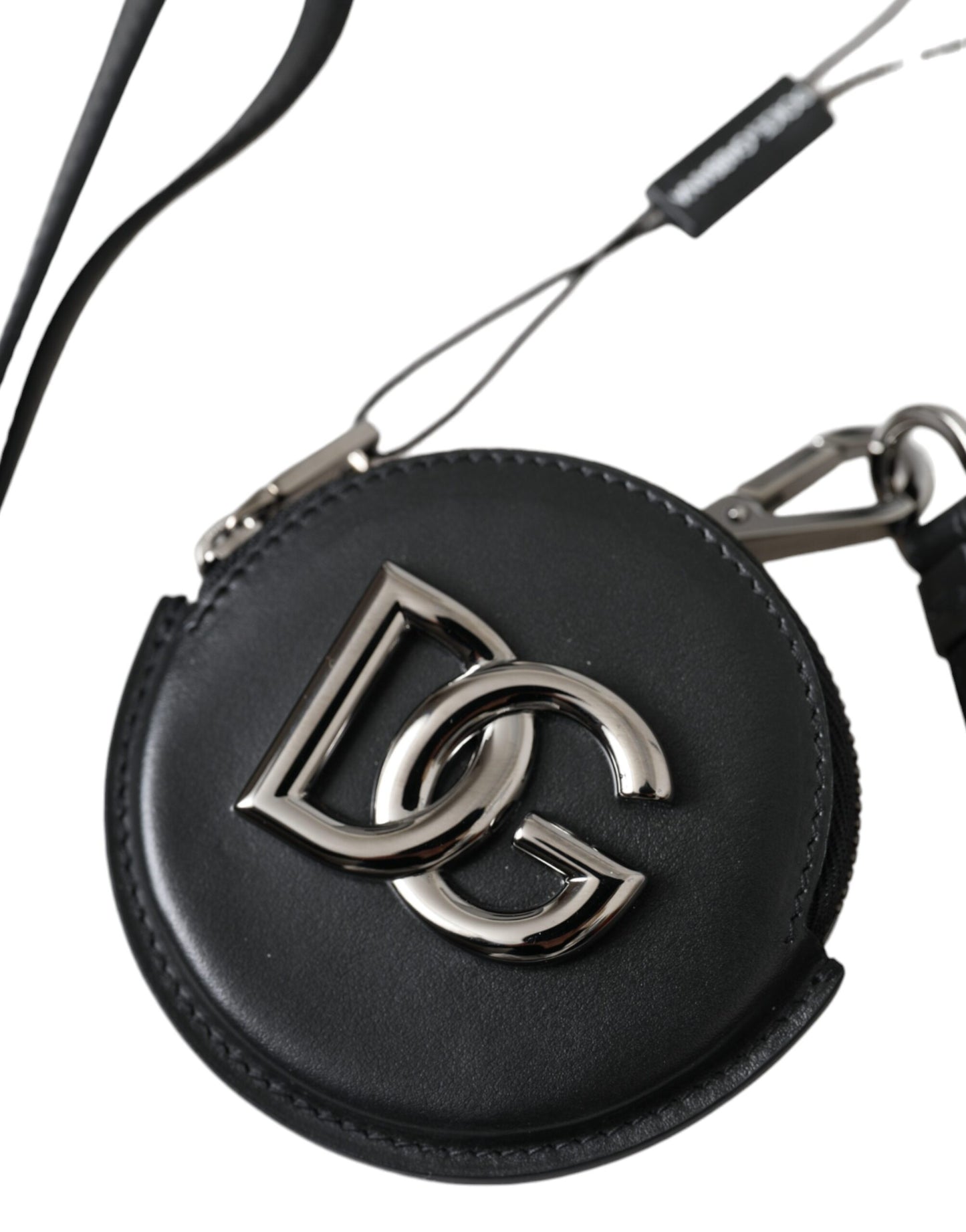 Dolce & Gabbana Black Round Leather DG Logo Coin Purse Lanyard Wallet Dolce & Gabbana