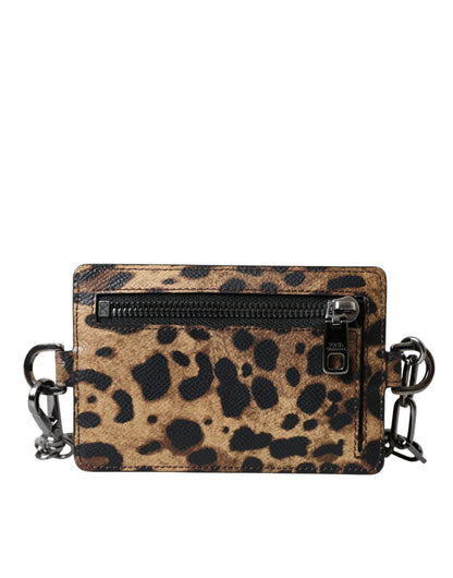 Dolce & Gabbana Brown Leather Leopard Print Logo Plaque Cardholder Wallet Dolce & Gabbana