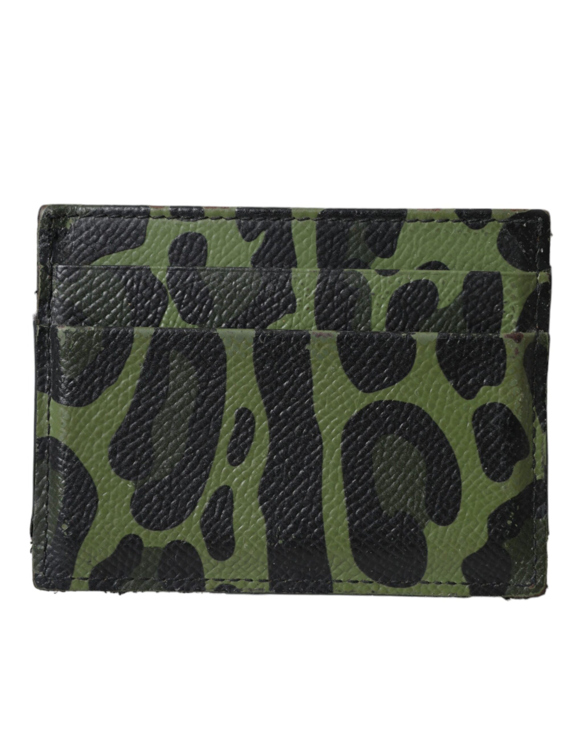 Dolce & Gabbana Green Black Leopard Logo Plaque Card Holder Wallet