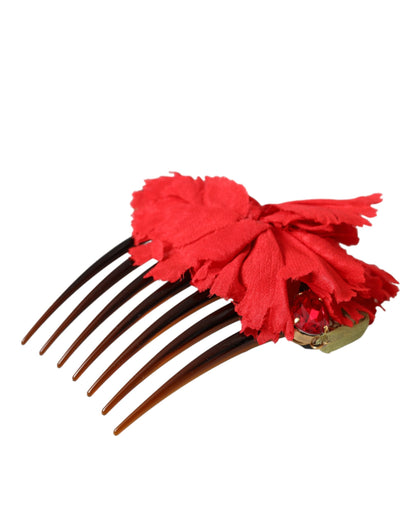 Dolce & Gabbana Red Silk Floral Gold Brass Women Hair Comb Dolce & Gabbana