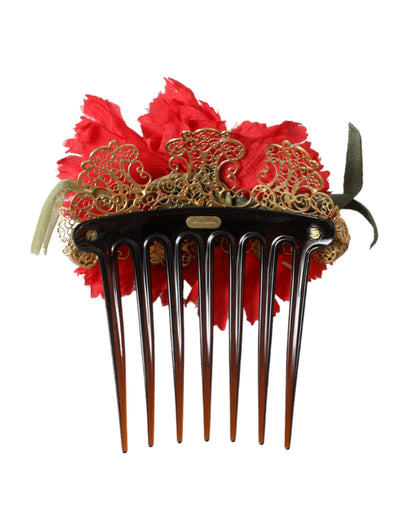 Dolce & Gabbana Red Silk Floral Gold Brass Women Hair Comb Dolce & Gabbana